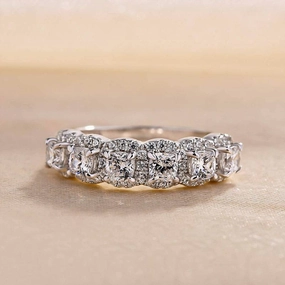 Classic Lines Louily Halo Cushion Cut Six Stone Anniversary Ring In Sterling Silver