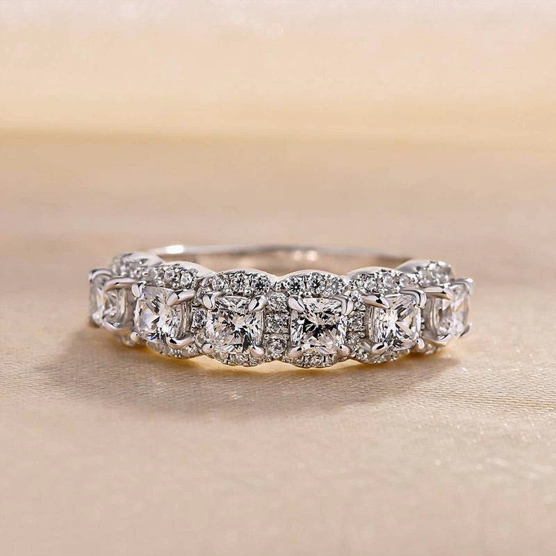 Classic Lines Louily Halo Cushion Cut Six Stone Anniversary Ring In Sterling Silver