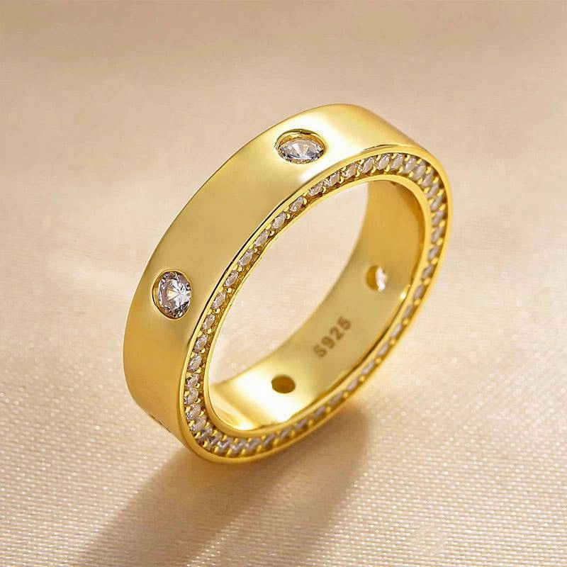 Louily Luxurious Yellow Gold Round Cut Wide Wedding Band In Sterling Silver High-Quality Piece Sparkling Craftwork