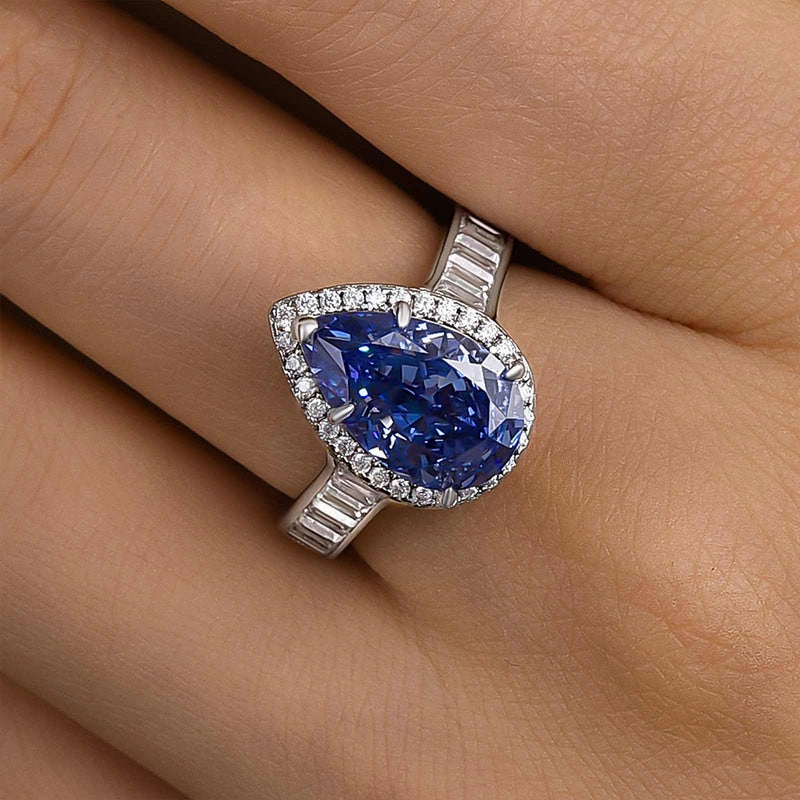 Louily Luxury 3.0 Carat Pear Cut Aquamarine Blue Engagement Ring In Sterling Silver Handmade Glam