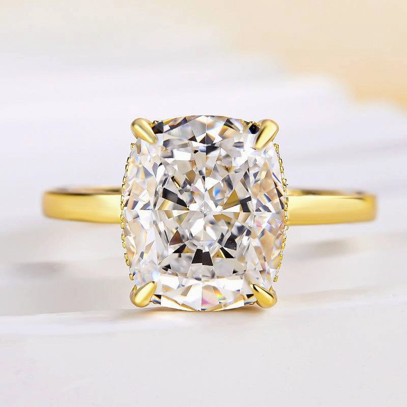 Louily Luxury Yellow Gold Crushed Ice Cushion Cut Engagement Ring In Sterling Silver Gentle Radiance