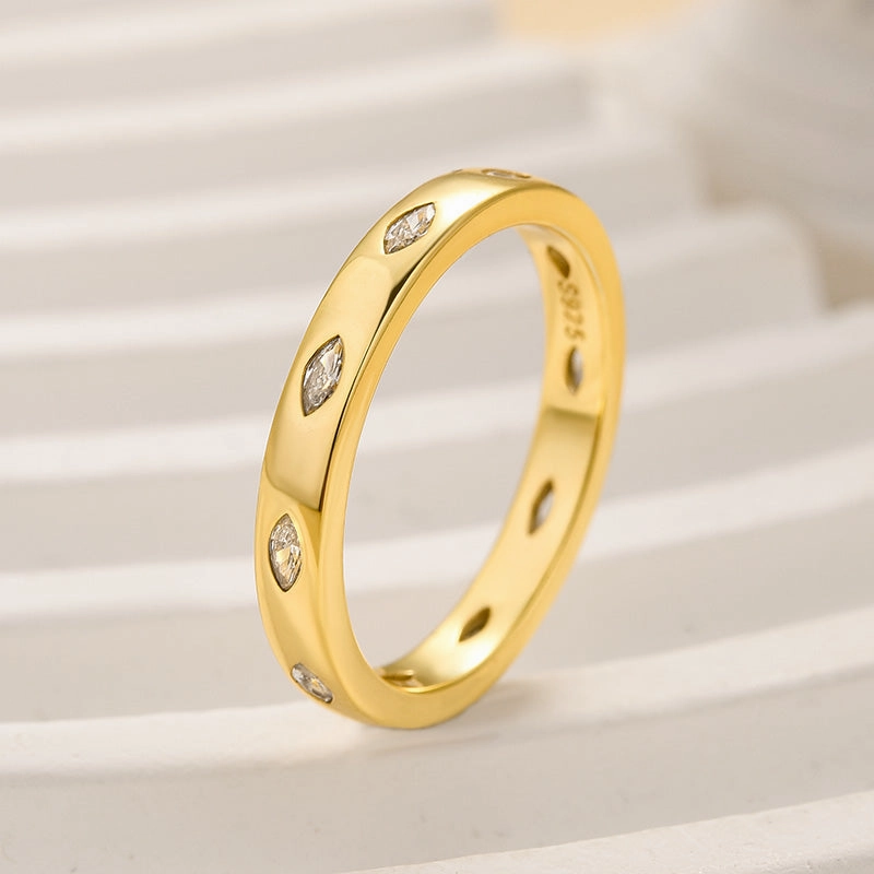 Neutral Tone Luxury Shine Finish Louily Noble Marquise Cut Yellow Gold Wide Wedding Band