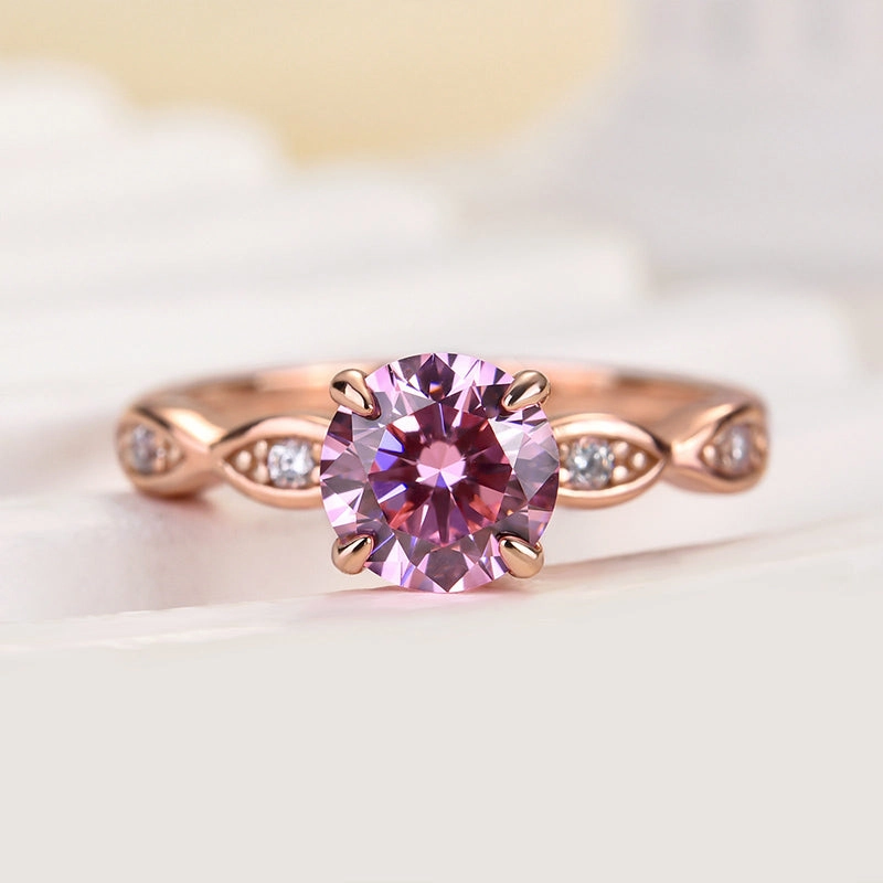 Louily Pink Stone Rose Gold Round Cut Promise Ring Pretty Accent Shimmer Detail