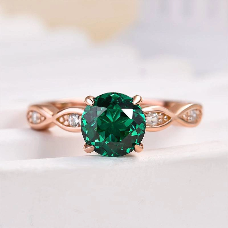 Bright Detail Louily Rose Gold 1.0 Carat Emerald Green Round Cut Promise Ring In Sterling Silver