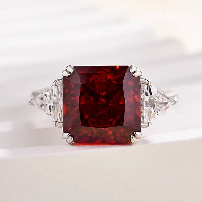 Sleek Feature Fashion Element Louily Ruby Radiant & Triangle Cut Three Stone Engagement Ring In Sterling Silver