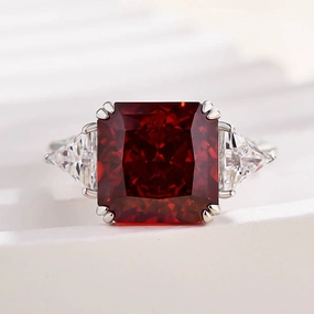 Precious Glow Louily Ruby Radiant & Triangle Cut Three Stone Engagement Ring In Sterling Silver
