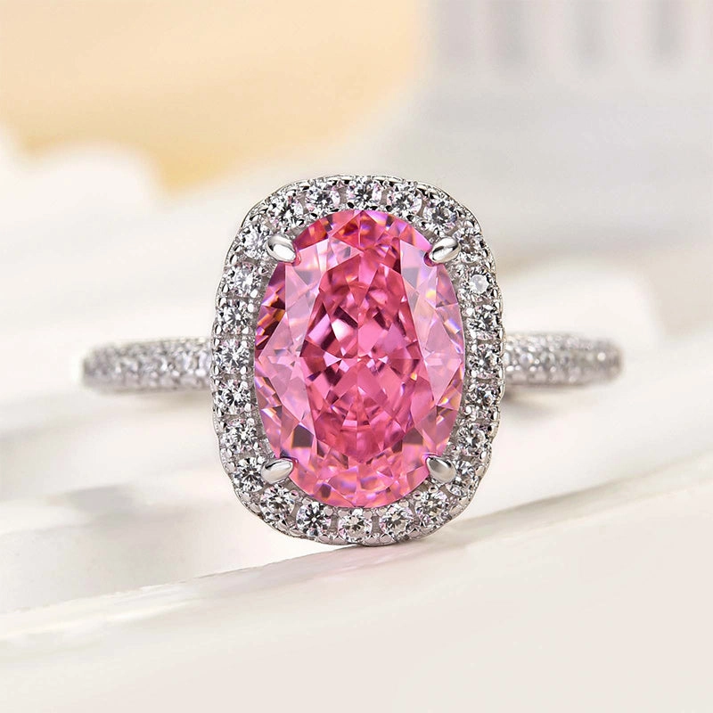 Louily Special Pink Stone Halo Oval Cut Engagement Ring Easy Style Exclusive Edge