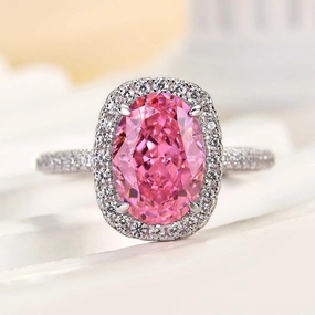 Louily Special Pink Stone Halo Oval Cut Engagement Ring Easy Style Exclusive Edge