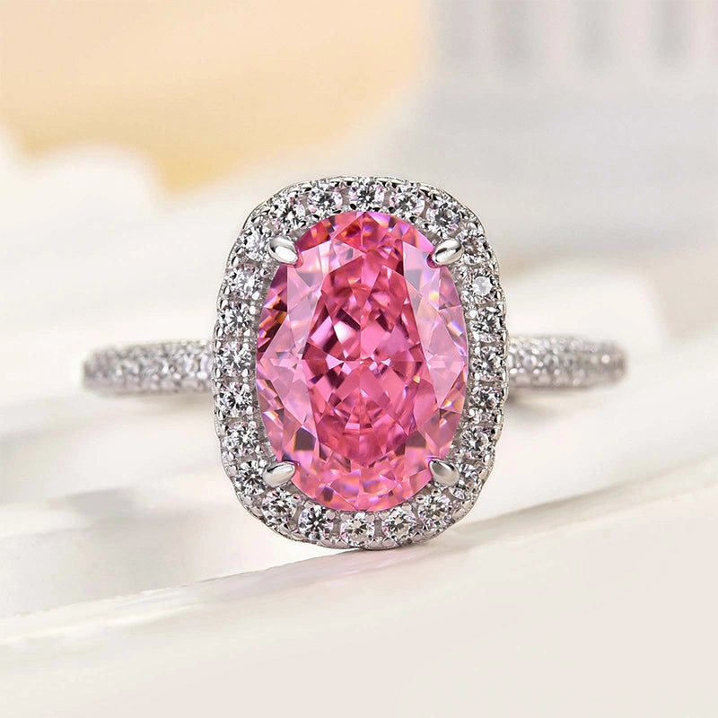Custom pieces Louily Special Pink Stone Halo Oval Cut Engagement Ring