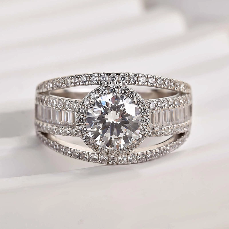 Louily Special Three Layer Halo Round Cut Engagement Ring Date Style