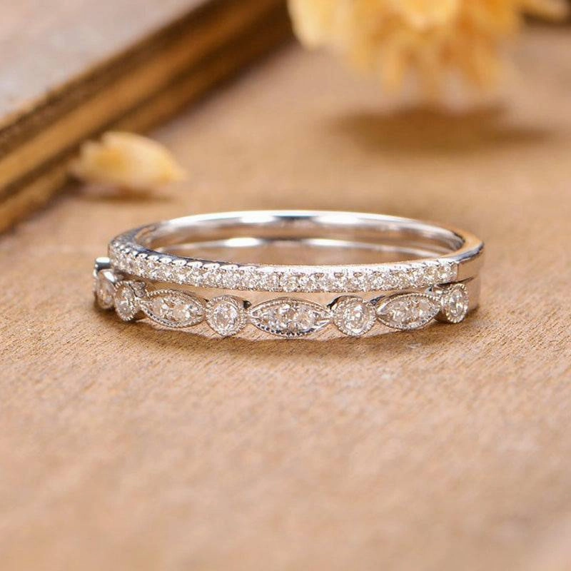 Louily Stackable Art Deco Half Eternity Women's Wedding Band Set In Sterling Silver Sculpted Shape Luxe Shine