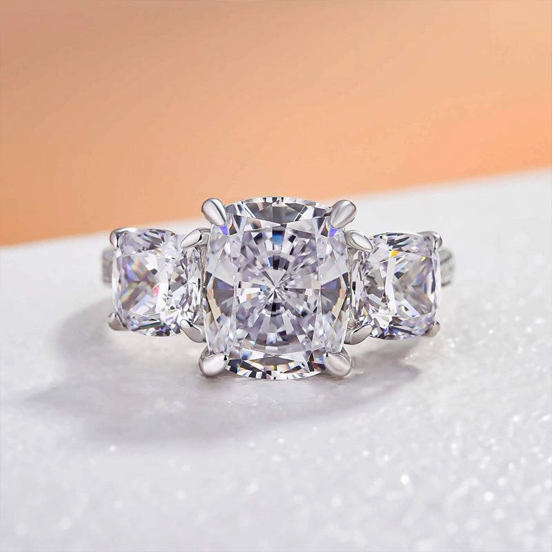 Louily Stunning Cushion Cut Three Stone Engagement Ring In Sterling Silver Glamorous Pieces
