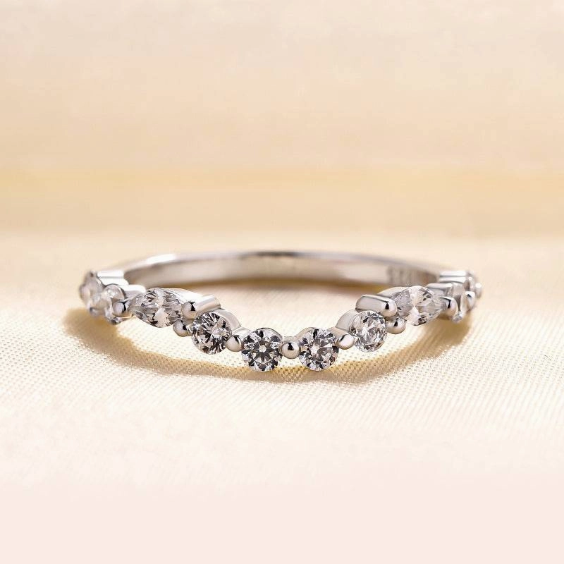 Louily Unique Half Round & Marquise Cut Wedding Band In Sterling Silver Luxe Shine