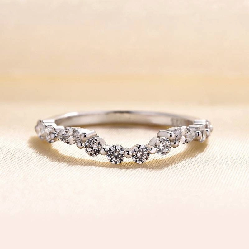 Louily Unique Half Round & Marquise Cut Wedding Band In Sterling Silver Subtle Glow Glam Effect
