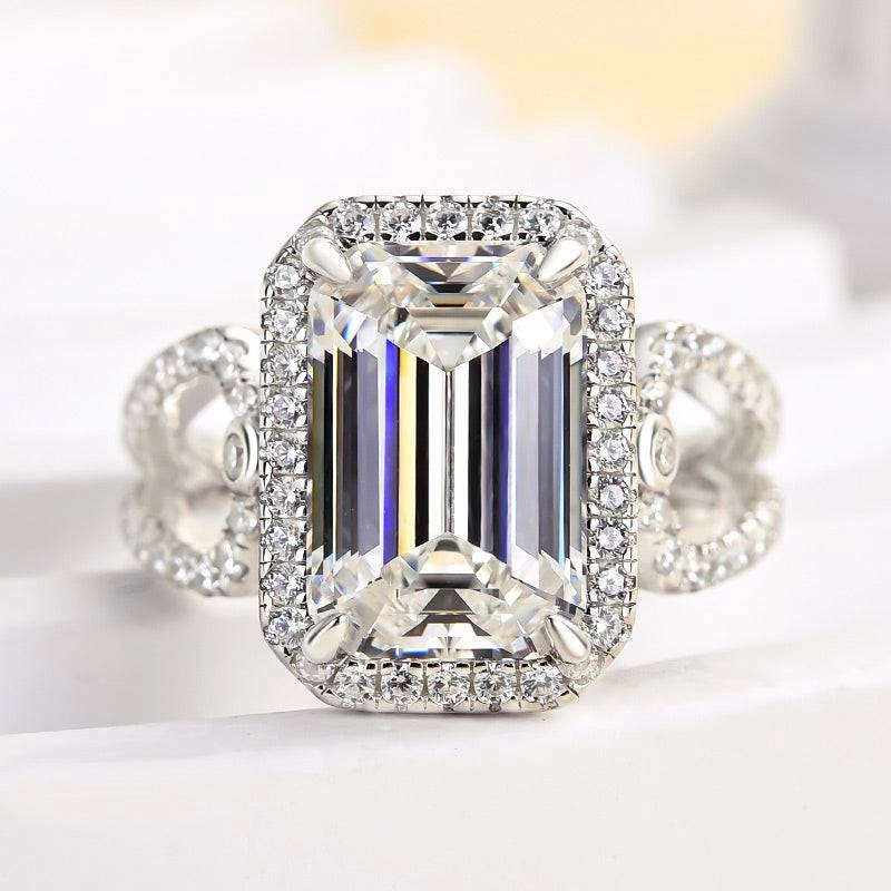 Effortless Look Louily Unique Halo Split Shank Emerald Cut Engagement Ring In Sterling Silver