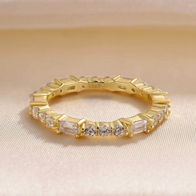 Louily Unique Yellow Gold Emerald & Round Cut Diamond Wedding Band In Sterling Silver Youth Set