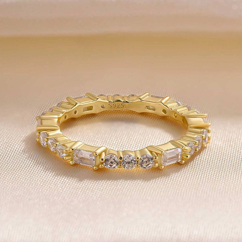 Louily Unique Yellow Gold Emerald & Round Cut Diamond Wedding Band In Sterling Silver Metallic Touch