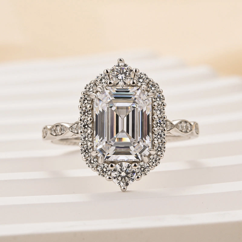 Minimal Chic Vogue Accent Louily Vintage Halo Emerald Cut Engagement Ring In Sterling Silver