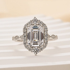 Cozy Style Louily Vintage Halo Emerald Cut Engagement Ring In Sterling Silver