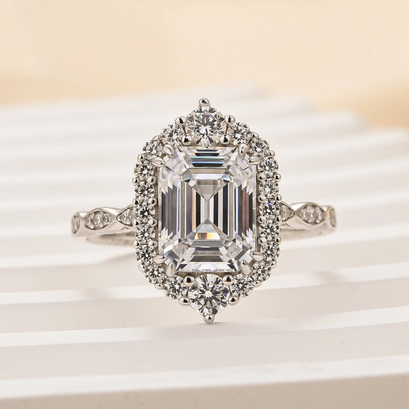Cozy Style Louily Vintage Halo Emerald Cut Engagement Ring In Sterling Silver