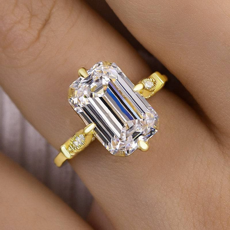 Louily Vintage Yellow Gold Emerald Cut Engagement Ring Sleek Charm Trendy Layers