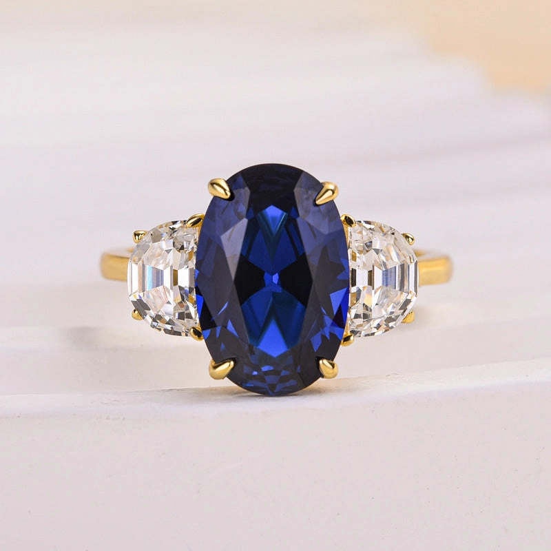 Precious Accent Signature Edge Louily Yellow Gold 3.5 Carat Blue Sapphire Oval Cut Three Stone Engagement Ring In Sterling Silver