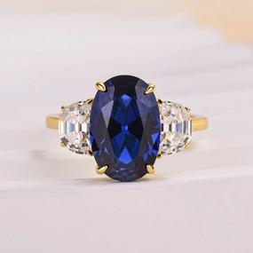 Precious Accent Signature Edge Louily Yellow Gold 3.5 Carat Blue Sapphire Oval Cut Three Stone Engagement Ring In Sterling Silver