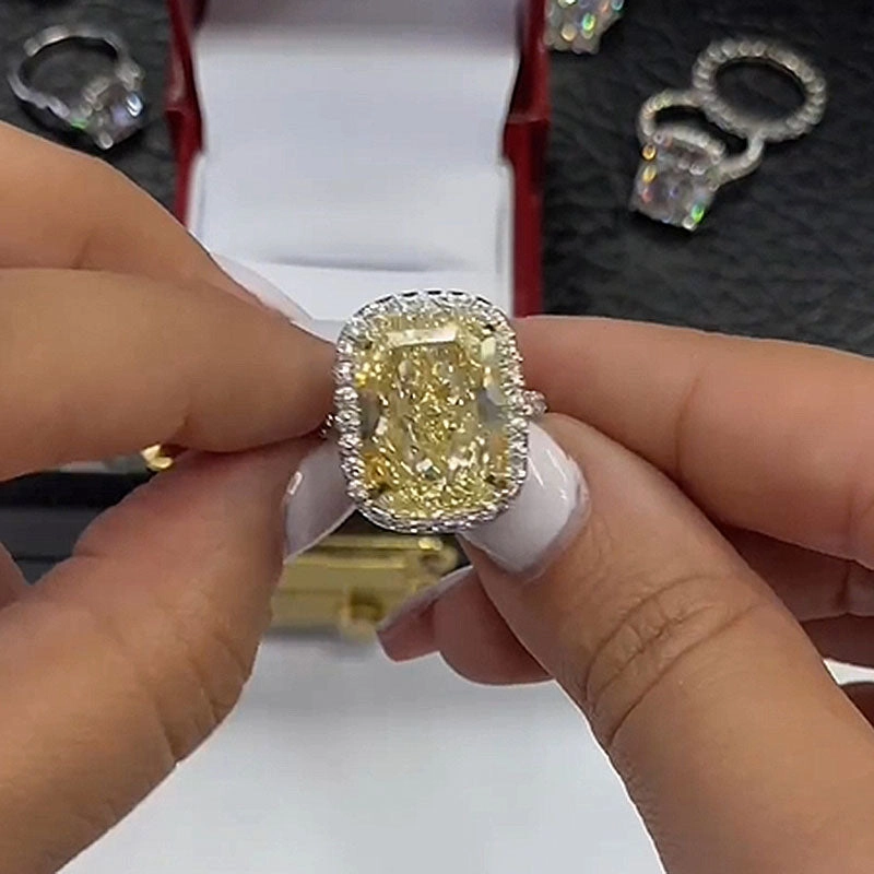 Louily Yellow Stone Halo Cushion Cut Engagement Ring Dynamic Feature Everyday Favorite