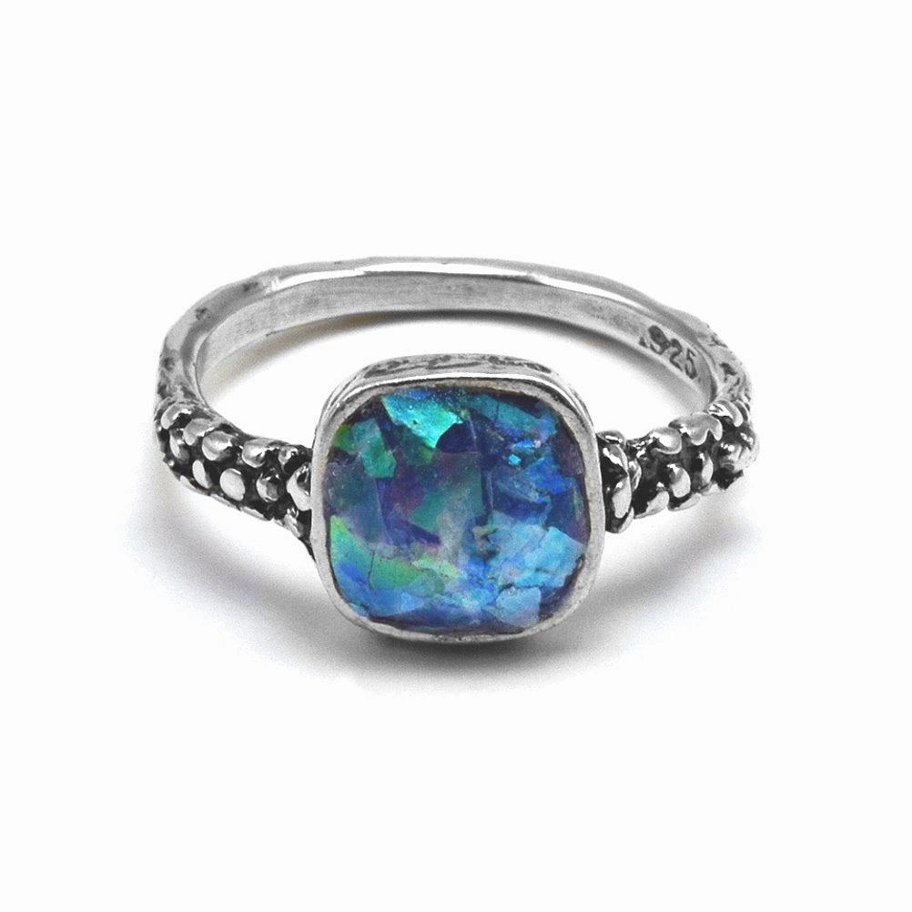 Ancient Roman Glass Ring Square Shape Multicolored Sterling Silver Contemporary Craft All Time