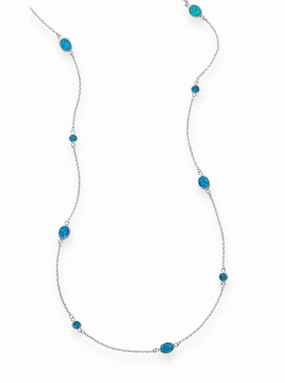 Blue Opal Station Style Chain Necklace 46 inches in Length Sterling Silver Luminous Accent