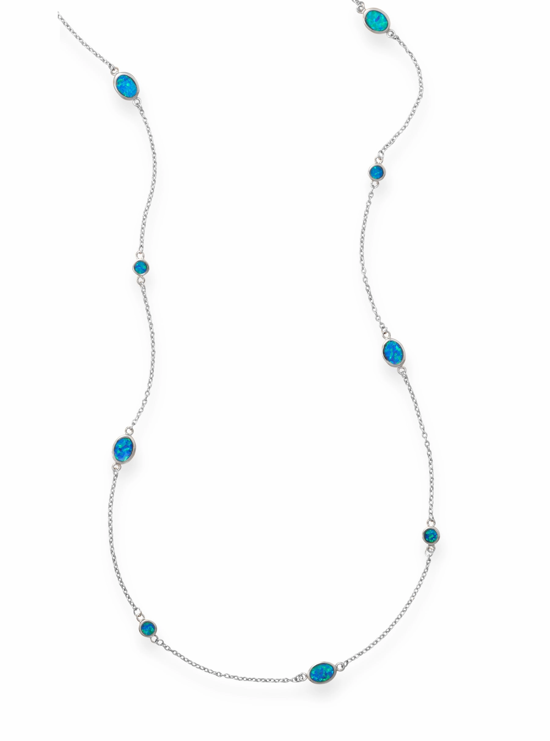 Blue Opal Station Style Chain Necklace 46 inches in Length Sterling Silver Luminous Accent