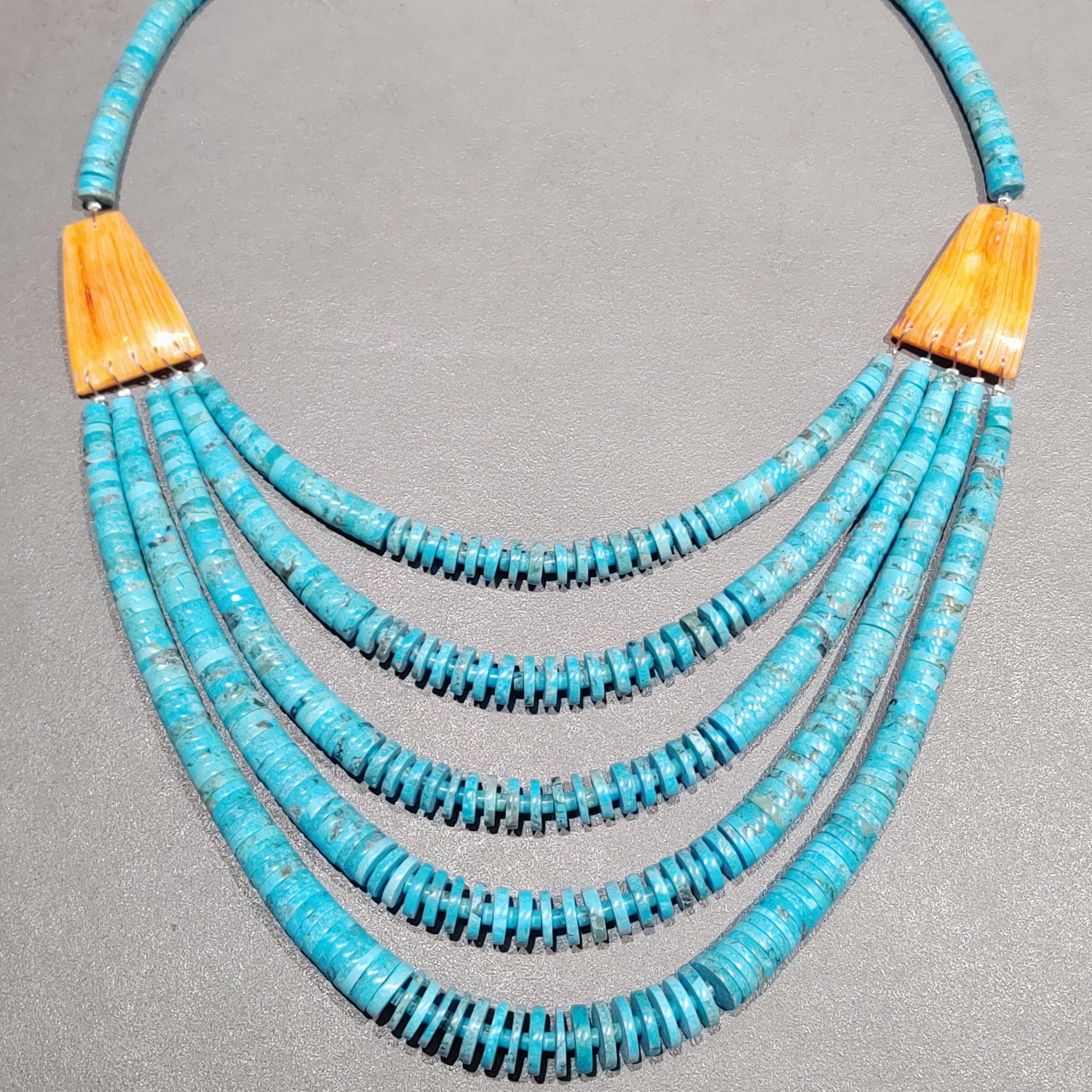 Lupe Lovato Kewa  Kingman Turquoise Spiny Oyster Bib Necklace 5-Strand Necklace - Handmade Native American Minimalist Style