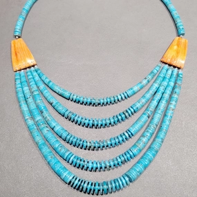 Lupe Lovato Kewa  Kingman Turquoise Spiny Oyster Bib Necklace 5-Strand Necklace - Handmade Native American Minimalist Style