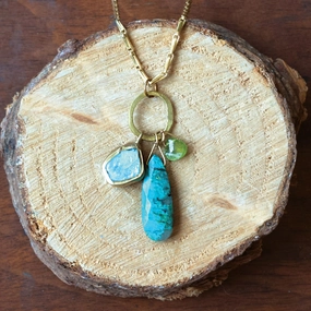 Lure Pendant - Brass, Aquamarine, Vesuvanite   Chrysocolla Splendid Present Gift For Her
