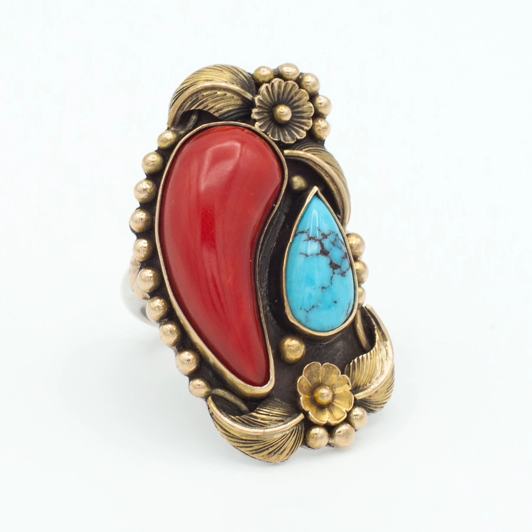 Luke Billie Yazzie Navajo Handmade 14K Yellow Gold Turquoise Coral Ring (Size 8) Personalized Gift Special Look