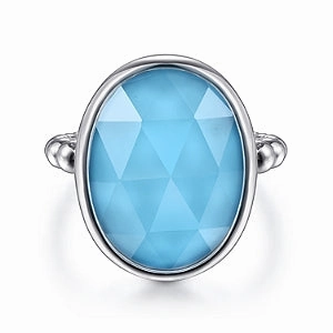 Silken Touch Exquisite Jewelry 925 Sterling Silver Rock Crystal and Turquoise Oval Signet Ring