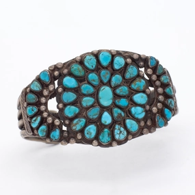 Handmade Sterling Silver Turquoise Petit Point Cluster Cuff Bracelet (Hallmark Unknown) Sculpted Accent