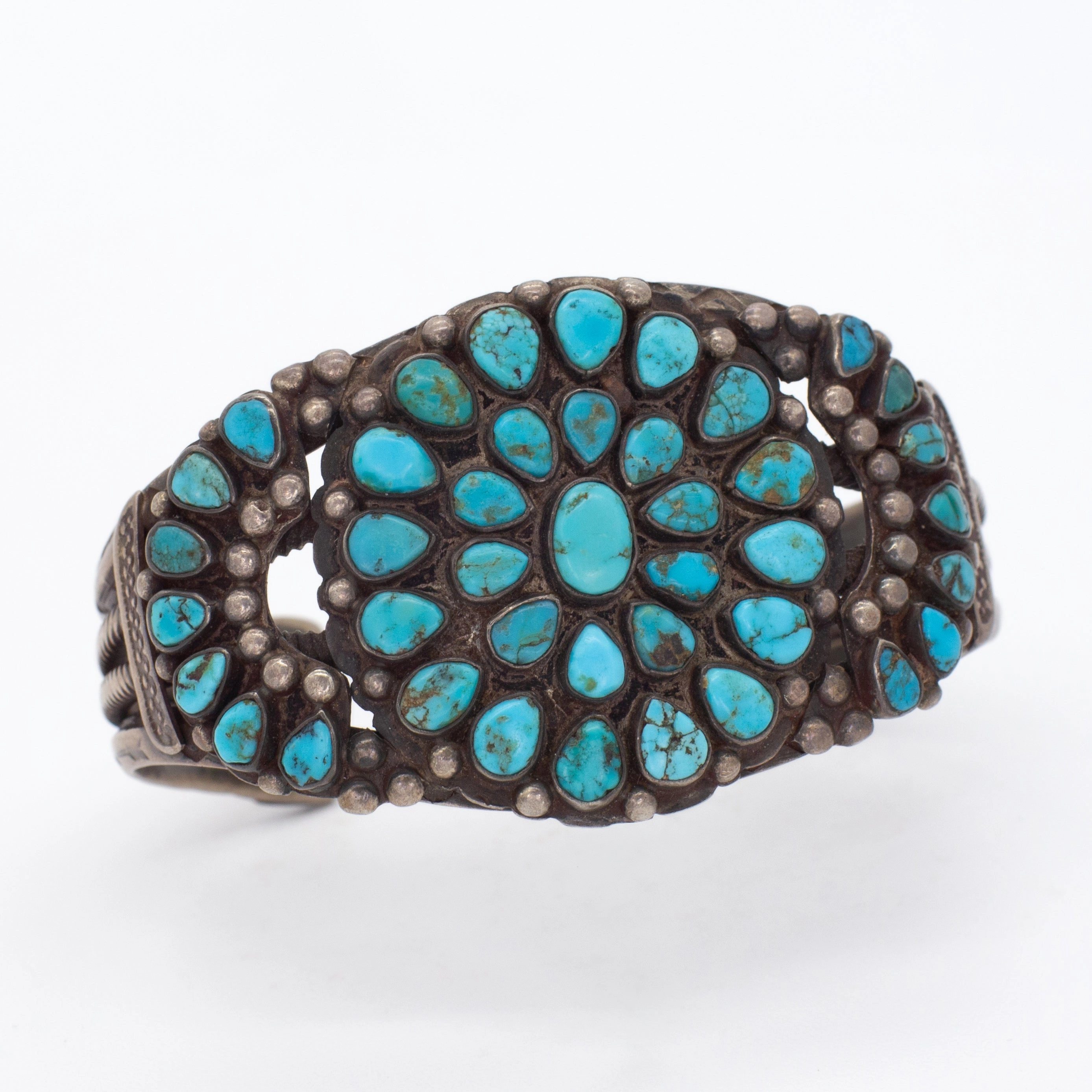 Handmade Sterling Silver Turquoise Petit Point Cluster Cuff Bracelet (Hallmark Unknown) Sculpted Accent