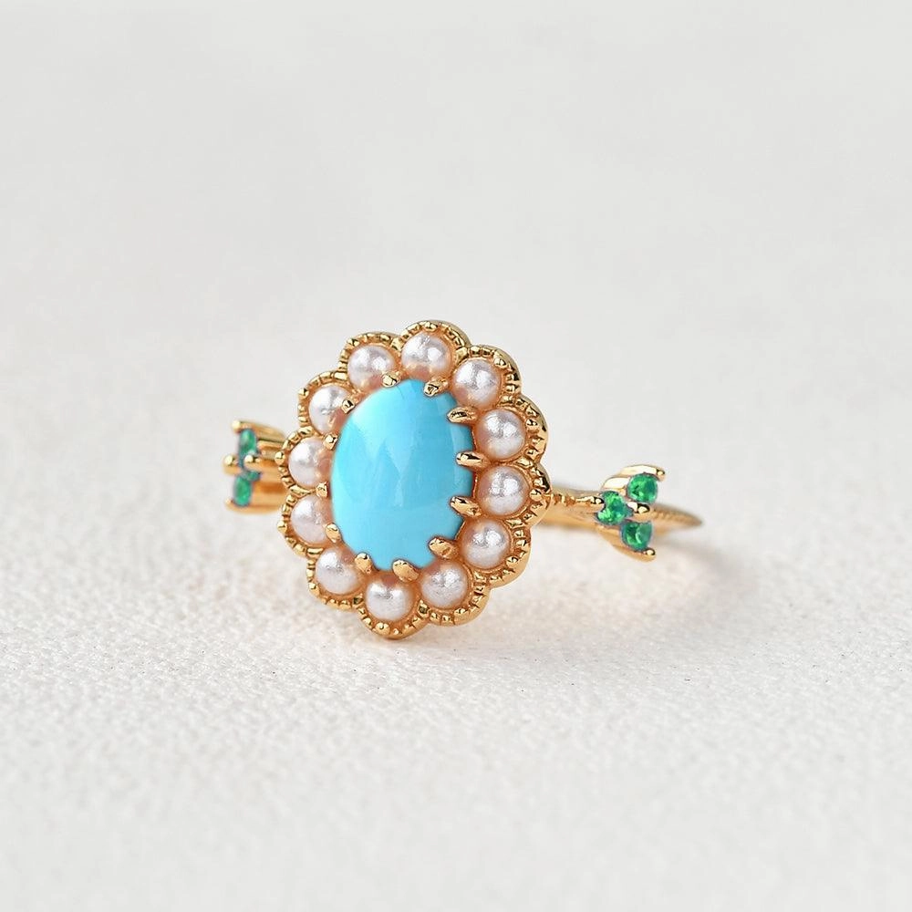 Oval-Shaped Halo Turquoise & Pearl & Lab Emerald Yellow Gold Ring All Day Style