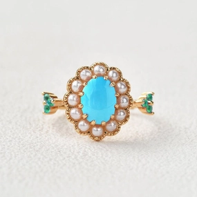 Oval-Shaped Halo Turquoise & Pearl & Lab Emerald Yellow Gold Ring Formal Outfit Sparkling Shine