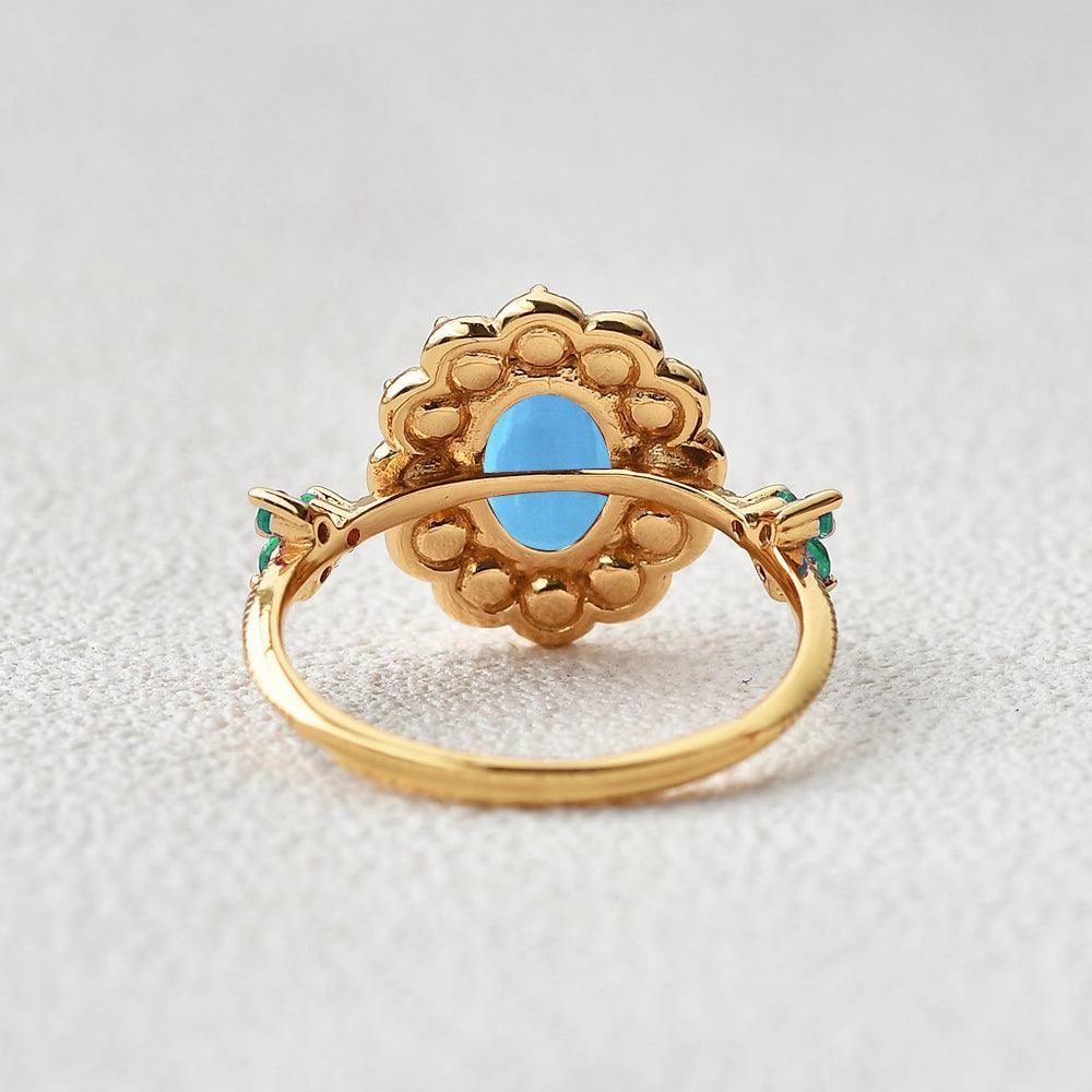 Oval-Shaped Halo Turquoise & Pearl & Lab Emerald Yellow Gold Ring Impressive Craft
