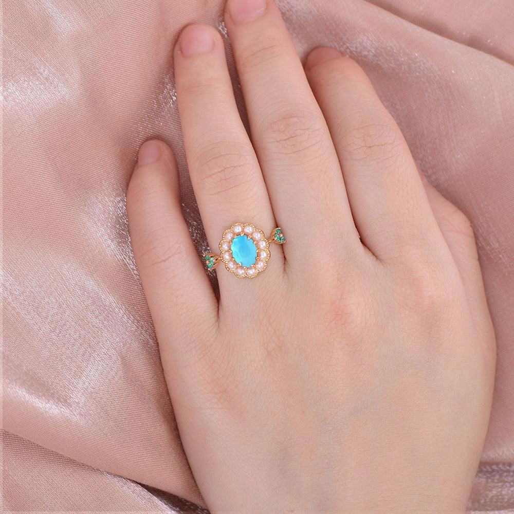 Shining Detail Luxury feature Oval-Shaped Halo Turquoise & Pearl & Lab Emerald Yellow Gold Ring