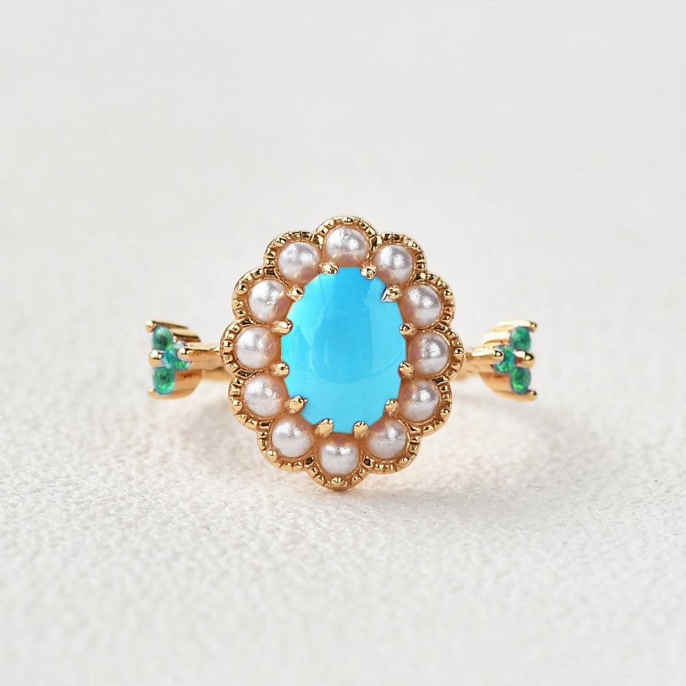Classic Pairing Oval-Shaped Halo Turquoise & Pearl & Lab Emerald Yellow Gold Ring