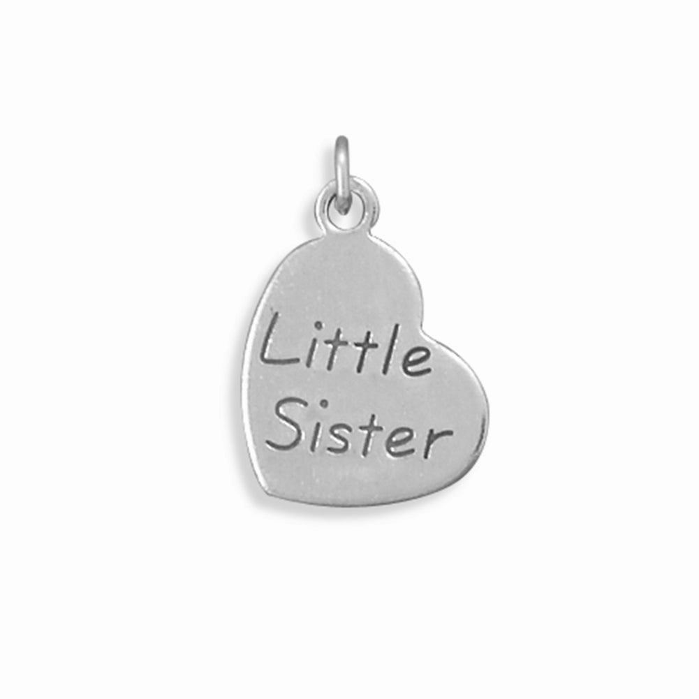 Dynamic Detail Little Sister Engraved Heart Charm Sterling Silver