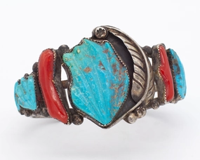 Navajo Handmade Sterling Silver Turquoise Coral Cuff Bracelet (Hallmark Unknown) Fresh Highlight Trend Focused