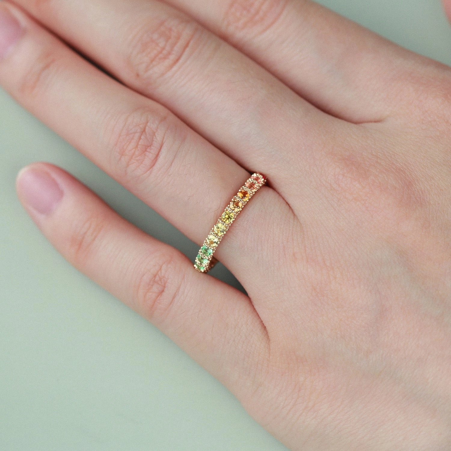 Rainbow Lab Sapphire Gemstone Full Eternity Cluster Stacking Ring Autumn Style Trendy Fashion