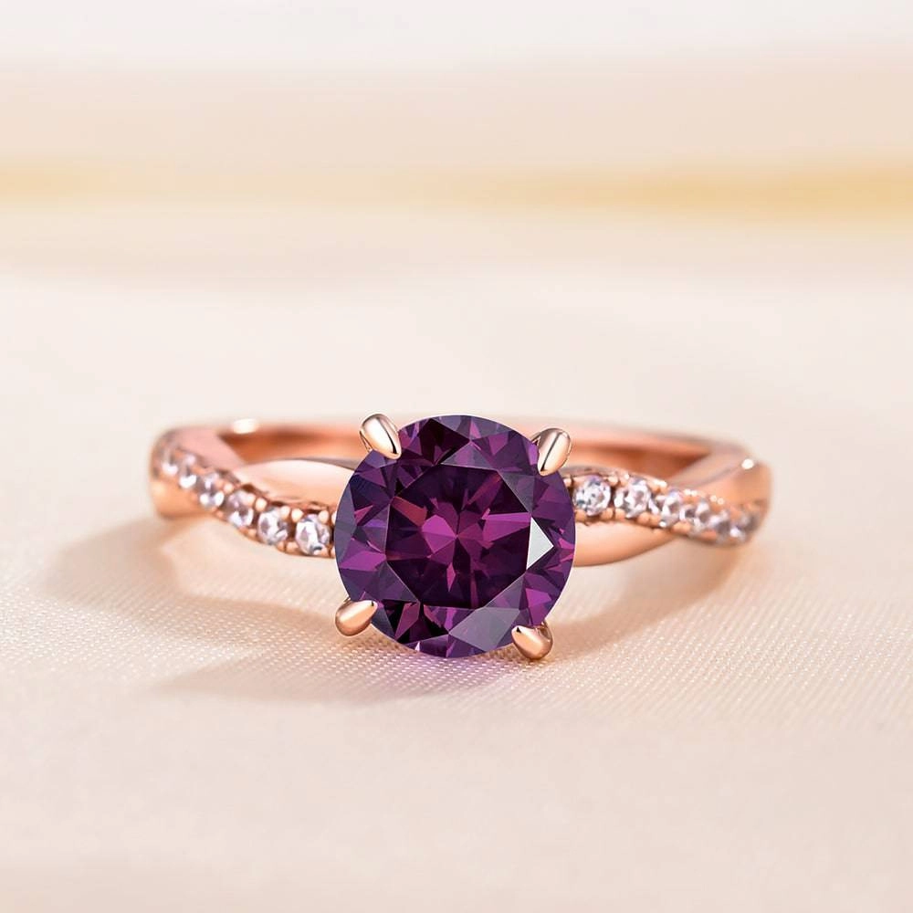 Louily Rose Gold Twist Round Cut Amethyst Purple Promise Ring For Her Polished Accent