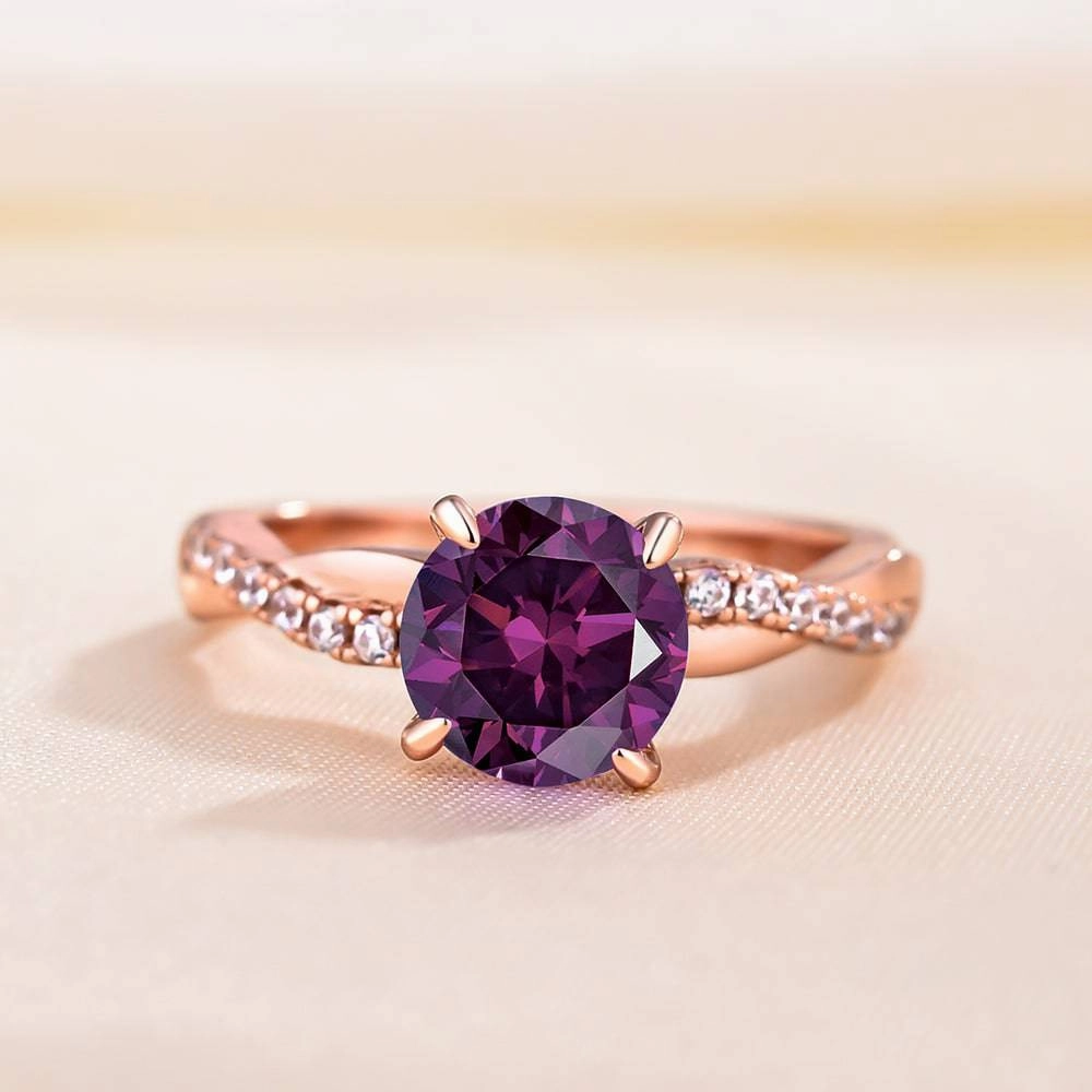 Elite Finish Mood Piece Louily Rose Gold Twist Round Cut Amethyst Purple Promise Ring For Her