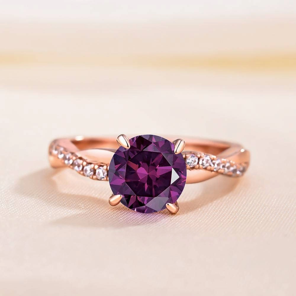 Vintage Detail Louily Rose Gold Twist Round Cut Amethyst Purple Promise Ring For Her