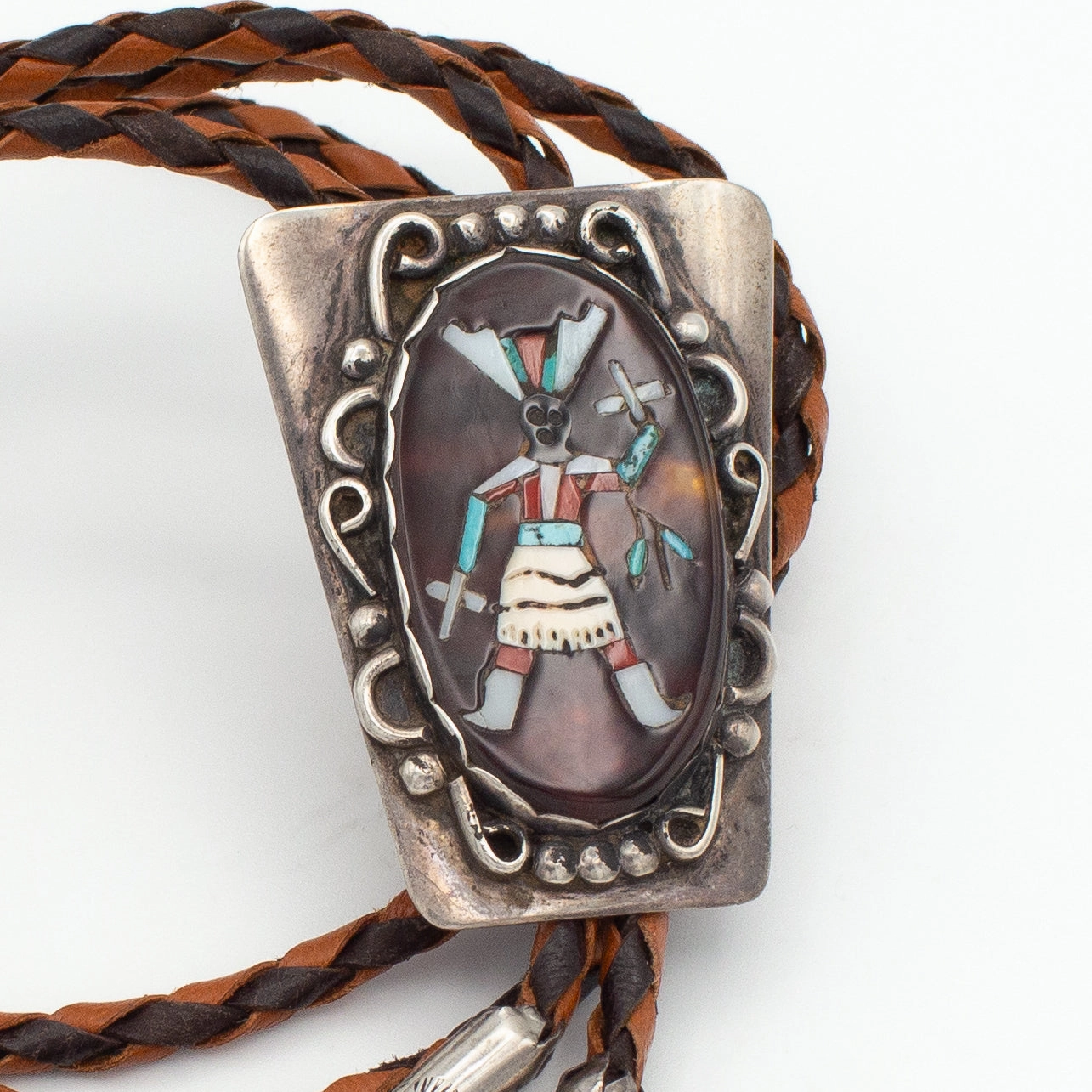 Stylish Glow Handcrafted Highlight Roy Vandaver Navajo Handmade Sterling Silver Multi-Inlay Bolo Tie (Set with Zuni Inlay)